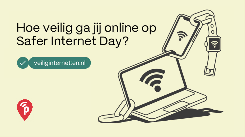 Afbeelding van een laptop die verbonden is met een smartphone en een smartwatch, met de tekst 'Hoe veilig ga jij online op Safer Internet Day?